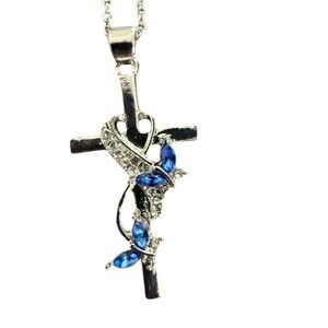 Silver Tone Cross Pendant Necklace Blue Gemstones Rhinestone Accents Chain